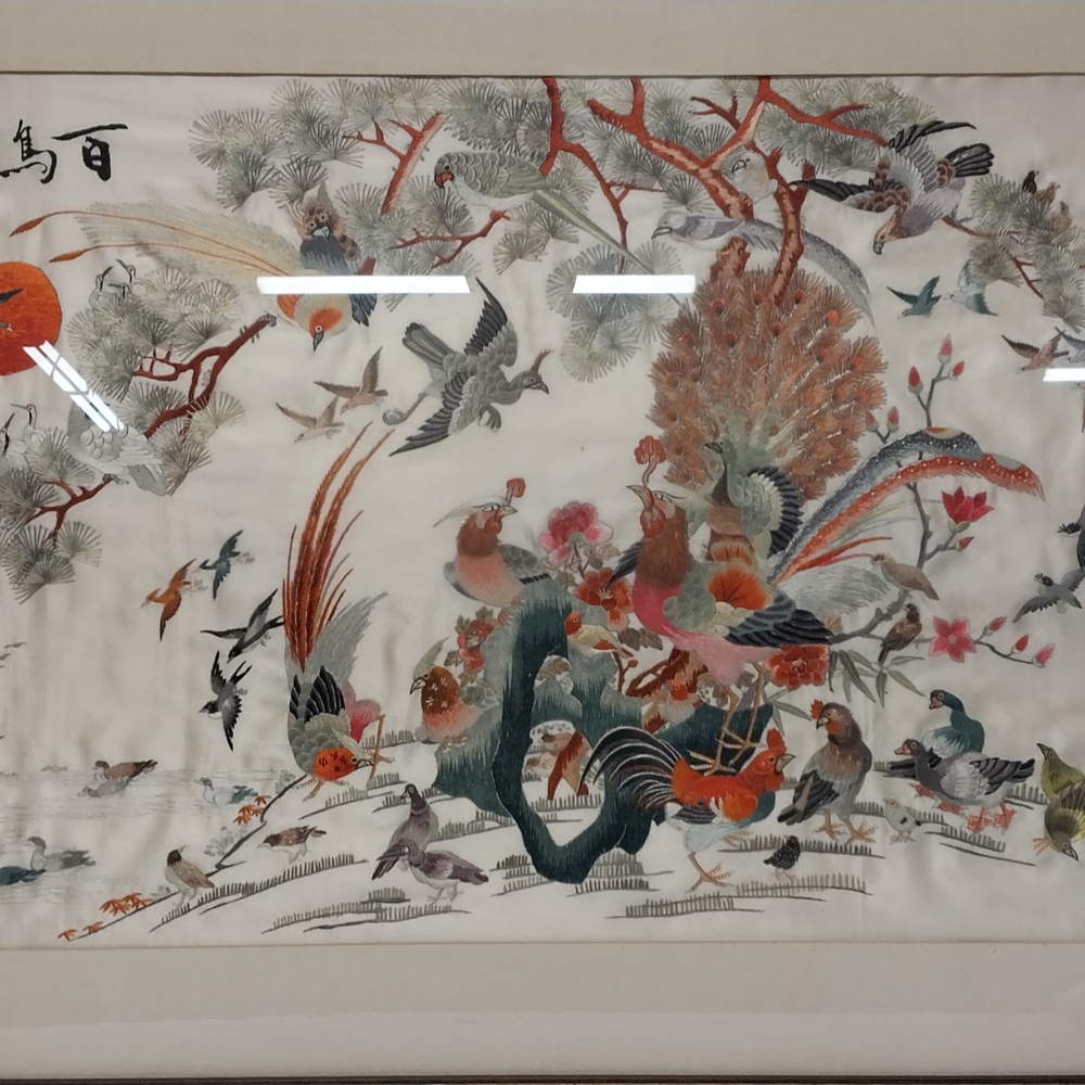 Elegant Multicolor Antique Silk "Hundred Bird" Silk Embroidered Masterpiece